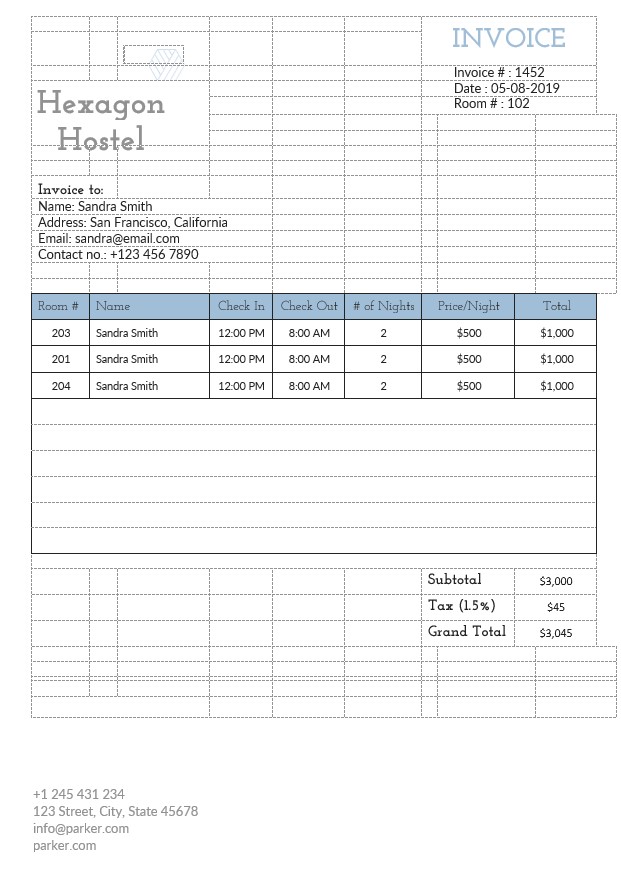 Hostel Invoice Template PSD template